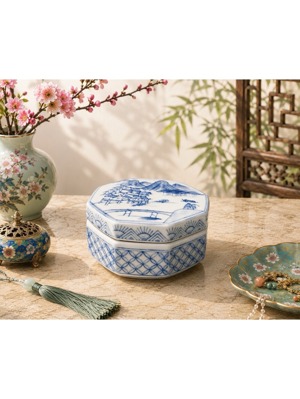 ST Chinese 1980s Octagonal Trinket Box Blue White Landscape Porcelain, 3.5x2”